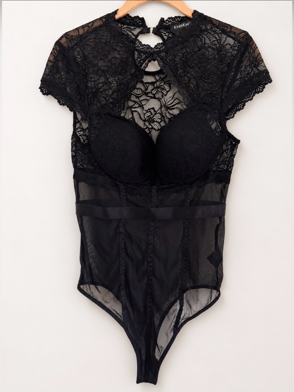 bebe Black Lace Mesh Underwire Bodysuit Keyhole Cutout S - Picture 5 of 11